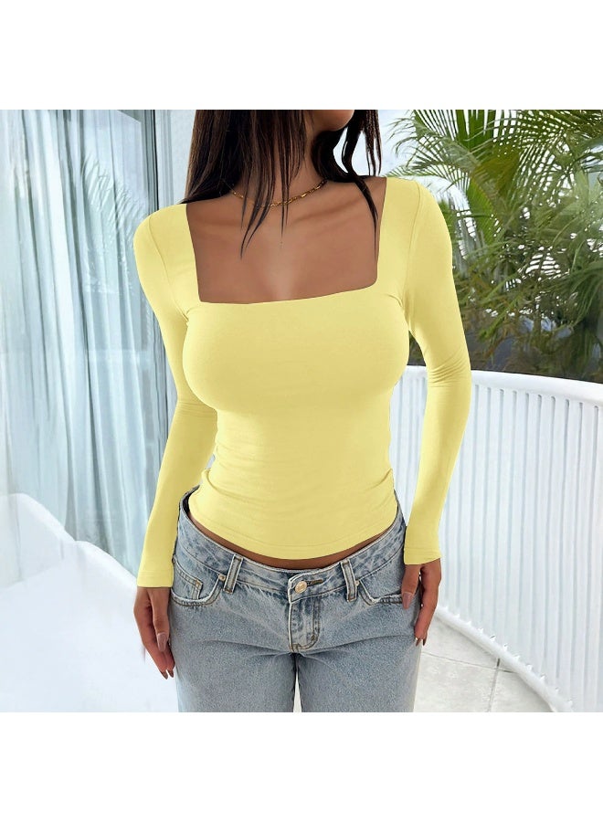 general 2026 Elegant Women's Long-Sleeved Square-Neck Crop Top, Long-Sleeved Pullover Tight-Fitting Casual Fashion Top, Y2K Style Top, T-Shirt - Image 1